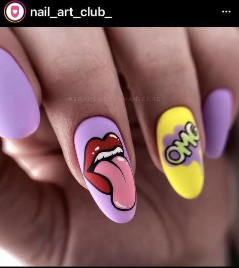 Neon Nails With Design, Pop Art En Uñas, Cartoon Pop Art Nails, Cartoon Art Nails, Pop Art Nails Designs, Cartoon Nail Art Designs, Summer Nails 2023, Pop Art Nails, Spring Acrylic Nails