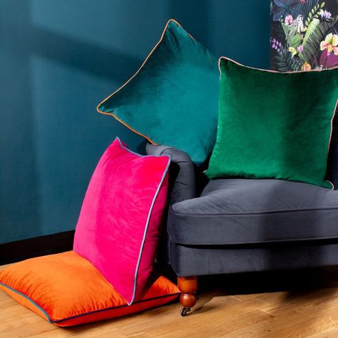 Velvet vibes on a whole new level! 🌈 ⁠ ⁠ With our best selling Meridian Cushion, clash is the new match. ⁠ ⁠ Dive into the velvet rainbow with over 30 shades to refresh your home!⁠ ⁠ 🔎Meridian Velvet Cushion Teal Lounge Ideas, Teal And Pink Living Room, Emerald Green Room, Jewel Tone Home Decor, Pink And Blue Living Room, Emerald Room, Teal Velvet Sofa, Glamorous Bedroom, Peace Tattoos