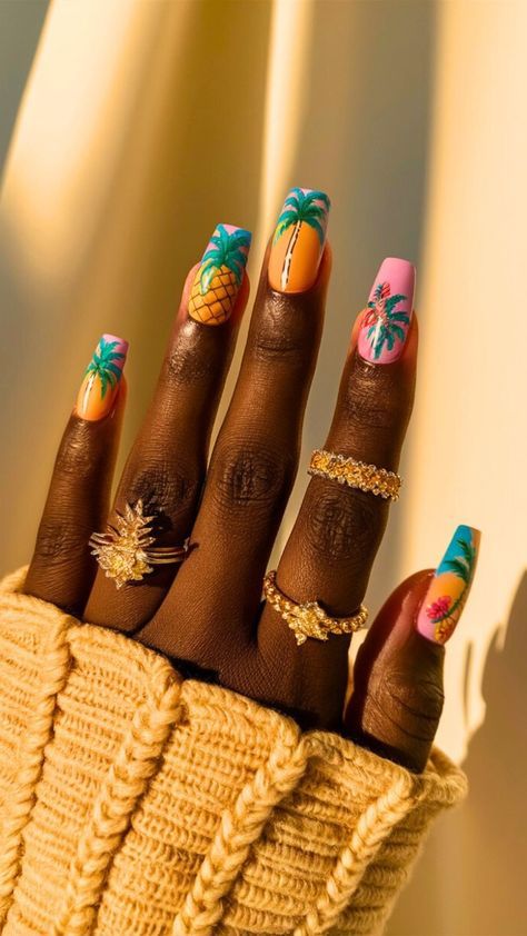 Pineapple Nail Design, Pineapple Nail Art, Tropical Nail Designs, Pineapple Nails, Palm Tree Nails, Sunset Nails, Themed Nails, Tropical Nails, Glass Nail File