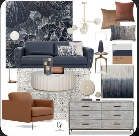 Blue And Grey Decor Living Room, Living Room With Blue Grey Couch, Navy And Chocolate Living Room, Black White Navy Brown Living Room, Tan Navy Living Room, Navy Blue And Neutral Living Room, Navy And Black Interior Design, Black Navy Beige Living Room, Charcoal And Navy Living Room