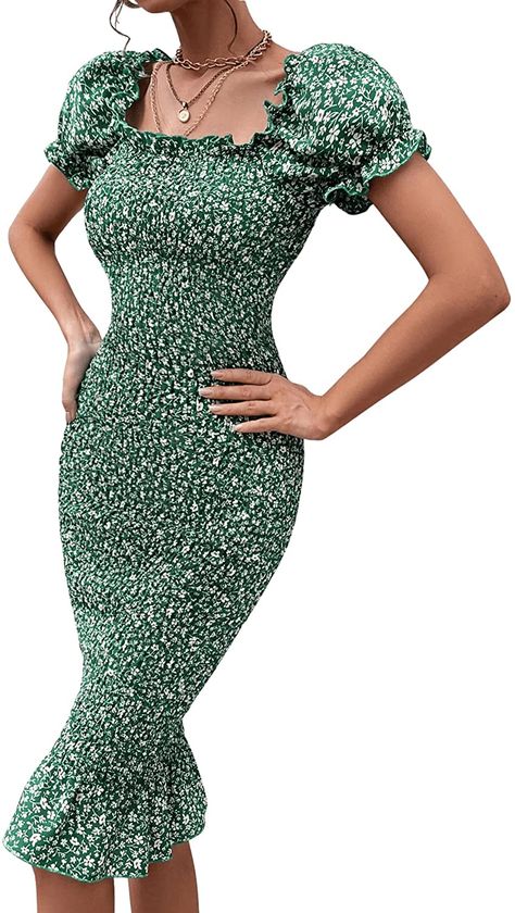 Floerns Women's Floral Print Square Neck Puff Short Sleeve Bodycon Midi Dress A Green L at Amazon Women’s Clothing store Square Neck Dresses, Mermaid Midi Dress, Bad Dresses, Multicolor Maxi Dress, Wrap Shirt Dress, Corduroy Overall Dress, Midi Bodycon Dress, Tie Maxi Dress, Summer Pregnancy