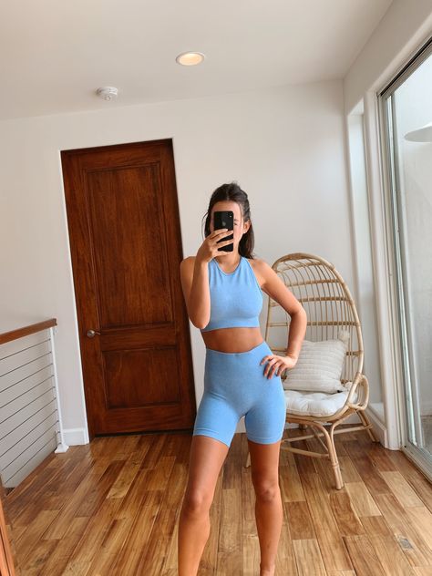 Sky-Blue Bike Shorts Set Blue Bike Shorts Outfit, Blue Athleisure Biker Shorts For Pilates, Blue Seamless Biker Shorts Athleisure, Blue Seamless Biker Shorts, Blue 4-way Stretch Biker Shorts For Workout, Blue High-waisted Gym Biker Shorts, Bike Shorts Outfit, Blue Bike, Bicycle Shorts