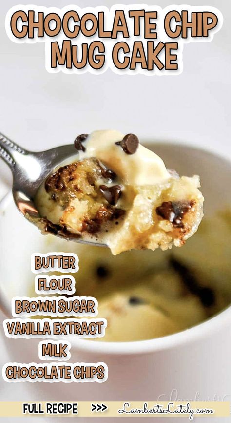 chocolate chip mug cake, with ingredient list. Mug Cookie Microwave No Egg, Chocolate Chip Cookie Mug Cake, Cookie Mug Cake, Cookie Mug, Quick And Easy Sweet Treats, Instant Pot Freezer Meals, Chocolate Chip Mug Cake, Mom Breakfast, Chip Mug