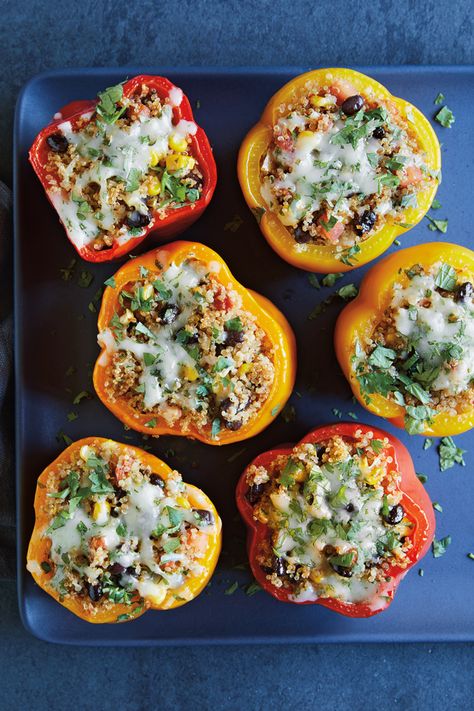 Bell Peppers Stuffed with Quinoa, Black Beans and Corn Recipe | Williams Sonoma Taste Stuffed Peppers With Quinoa, Healthy Stuffed Peppers, Bell Peppers Stuffed, Black Beans And Corn, Quinoa Stuffed Peppers, Beans And Corn, Black Bean Quinoa, Corn Recipe, Healthy Slow Cooker