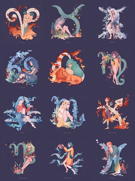 Zodiac Signs Animals, Character Design Concept Art, Pieces Zodiac, Illustration Calendar, Zodiac Characters, Body Positivity Art, Anime Zodiac, Signs Astrology, Zodiac Calendar