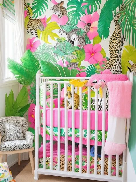 Playful and colorful baby girl room with jungle theme Jungle Theme Bedroom Kids, Jungle Bedroom Kids, Jungle Bedroom Theme, Jungle Theme Rooms, Jungle Themed Room, Jungle Bedroom, Tropical Nursery, Tropical Bedrooms, Jungle Room