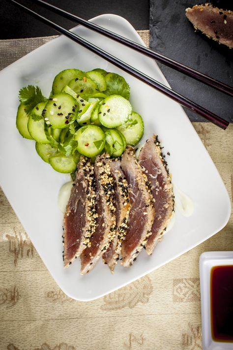 Asian Cucumber Salad - Home Sweet Jones Tuna Side Dish, Simple Baked Salmon, Asian Cucumber Salad, Seared Ahi, Seared Tuna, Ahi Tuna, Fresh Salad, Cucumber Salad, Fresh Salads