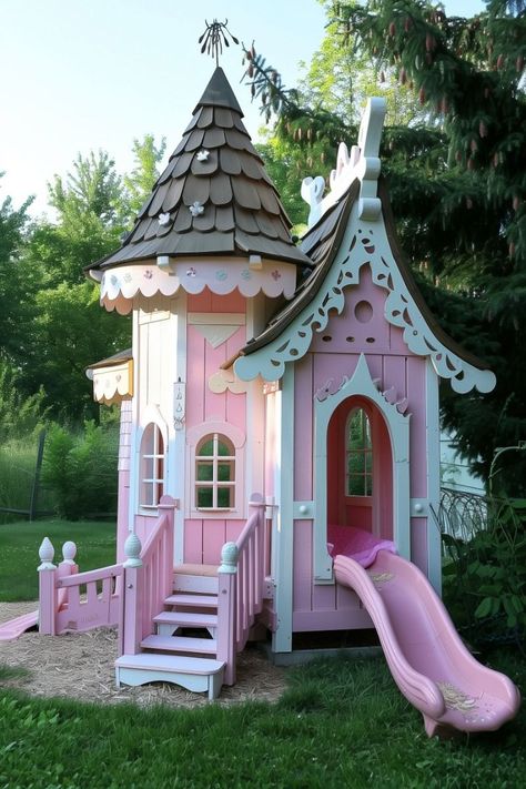 Girls Playhouse Outdoor, Whimsical Playhouse, Kids Playhouse Makeover, Big Playhouses, Playhouse Decor, Luxury Playhouses, Playhouse Design, Outside Playhouse, Diy Kids Playground