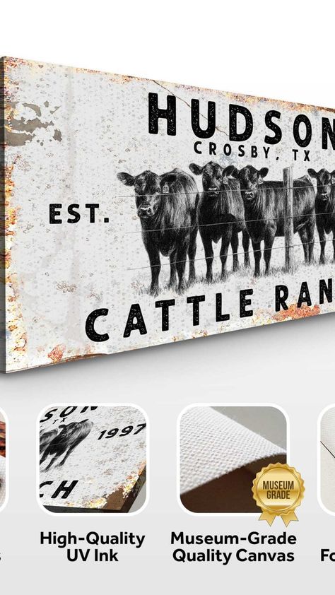 Add a touch of rustic charm to your ranch or farm-inspired decor with this personalized cow canvas sign. Perfect for a cozy bedroom or living room, it's a thoughtful gift for any cowboy or cowgirl Ranch Style Decor, Ranch Names, Cow Wall Decor, Modern Farmhouse Wall Decor, Ranch Sign, Cattle Ranch, Cow Wall Art, Wall Art Personalized, Cow Canvas