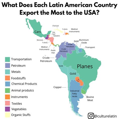 Products that Latin American countries expert the most to the United States of America Latin America Map, Social Studies Maps, Latin Countries, Interesting Maps, America Map, Teaching Spanish, American Country, Teaching Materials, Latin American