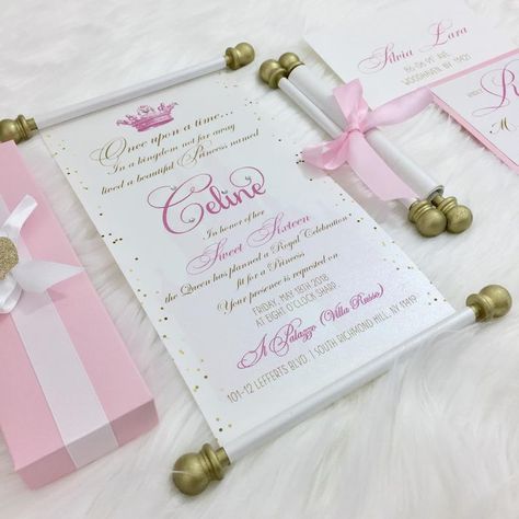 Princess Sweet 16 Scroll Set of 10 Wedding Invitation | Etsy Debut Invitation Ideas, Princess Sweet 16, Debut Theme, Rose Gold Quinceanera, Disney Princess Theme, Scroll Invitation, Debut Invitation, Quince Invitations, Princess Theme Birthday