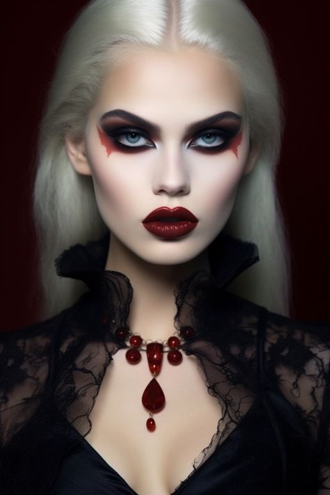 Halloween Vampire Vixen makeup inspired by classic vampire lore Halloween Dracula Makeup, Vampire Sfx Makeup, Light Vampire Aesthetic, Vampire Custome, Girl Vampire Makeup, Scary Portraits, Vampire Costume Aesthetic, Vixen Makeup, Vamp Makeup