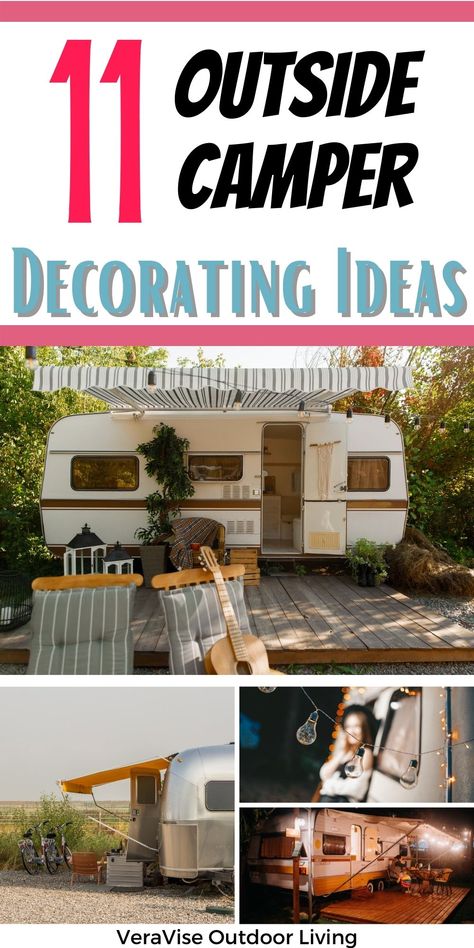 Rv Decorating Ideas Exterior, Camper Garden Ideas, Camper Outdoor Decor, Camper Deck Decorating Ideas, Rv Outdoor Lighting Ideas, Outside Camper Decorating Ideas, Campground Decorating Outdoor, Camper Exterior Decorating Ideas, Camper Patio Ideas