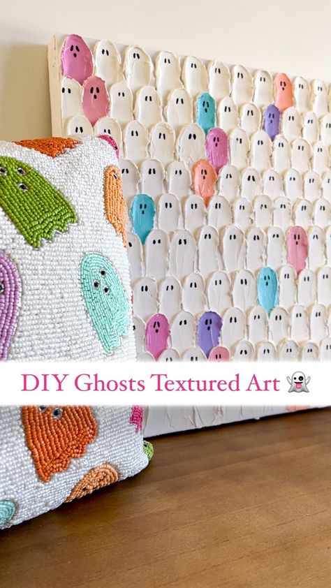 Pastels are all the rage this year when it comes to Halloween Decor, so I decided to take some inspo from this pastel ghost pillow and make… | Instagram Fun Halloween Decorations For Kids, Ghost Spackle Art, Ghost Texture Art, Halloween Texture Art, Textured Pumpkin Painting, Spooky Cute Decor, She Found Her Boo Decorations, Halloween Picture Frame Craft, Diy Summerween Decorations