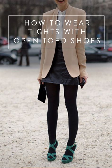 Can I Wear Tights with Open-Toed Shoes? via @PureWow Stockings With Open Toe Shoes Outfit, Plus Skirt Outfits, Tights With Open Toe Heels, Tights With Sandals, Open Toe Heels Outfit, Short Dress With Tights, Heels With Tights, Tights With Heels, Skirt In The Winter