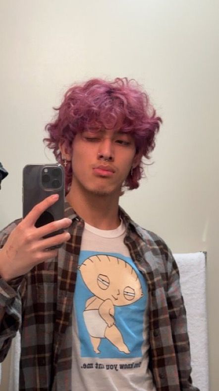 Hair Color Ideas For Guys, Died Curly Hair Men, Pink Curly Hair Men, Magenta Hair Men, Purple Hair Guy, Men With Colored Hair, Split Dye Men, Men’s Dyed Hair Ideas, Men’s Hair Dye