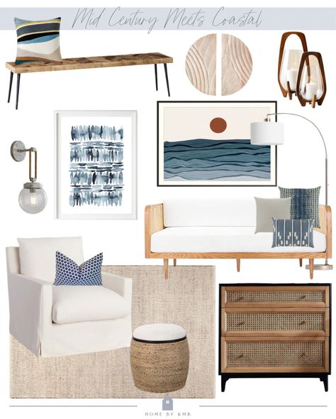 Coastal 70s Home, Mid Century Modern Beach House Bedroom, Mid Century Mod Coastal, Mcm Coastal Decor, Mid Century Modern Nautical, Mid Century Modern Coastal Decor, Mid Century Modern Beach Living Room, Midcentury Beach House Decor, Retro Coastal Interior