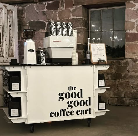 Coffee Cart Office, Coffee Food Cart, Diy Coffee Cart Business, Mobile Coffee Cart Ideas, Coffee Mobile Cart, Coffee Cart Ideas Business, Diy Coffee Cart, Coffee Cart Design, Cafe Cart