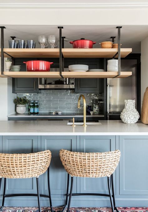 Counter Bar Ideas, Workshop With Living Quarters, Contemporary Black Kitchen, Hanging Kitchen Shelves, Contrasting Kitchen Island, Concrete Kitchen Island, Suspended Shelves, Gray Tile Backsplash, Green Kitchen Walls