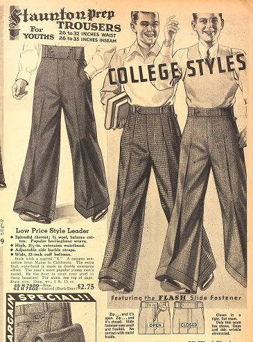 This is an advertisement for mens wide leg pants in 1935. Men In Wide Leg Pants, Wide Leg Suit Pants Men, Mens Wide Leg Pants Outfit, Men’s Wide Leg Pants, Men’s Sewing Patterns, Wide Leg Pants Outfit Men, Men Wide Pants, Oxford Bags Trousers, 1930s Fashion Mens