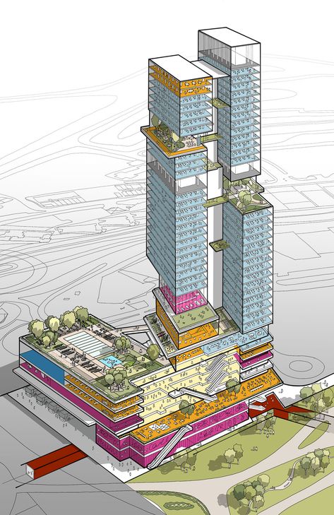 KPF - FULL STACK Two Towers Architecture, Highrise Architecture Concept, Vertical City Concept, Skyscraper Architecture Concept, Architectural Massing, Highrise Architecture, Towers Architecture, Corporate Architecture, Skyscraper Design