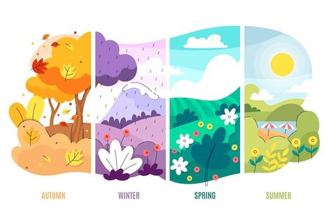 Colorful Illustration Art Graphics, Graphic Design Vector Illustration, Season Illustration Design, 4 Season Drawing Ideas, Seasons Changing Art, Winter Season Illustration, Different Seasons Drawing, Drawing Seasons, The 4 Seasons Art