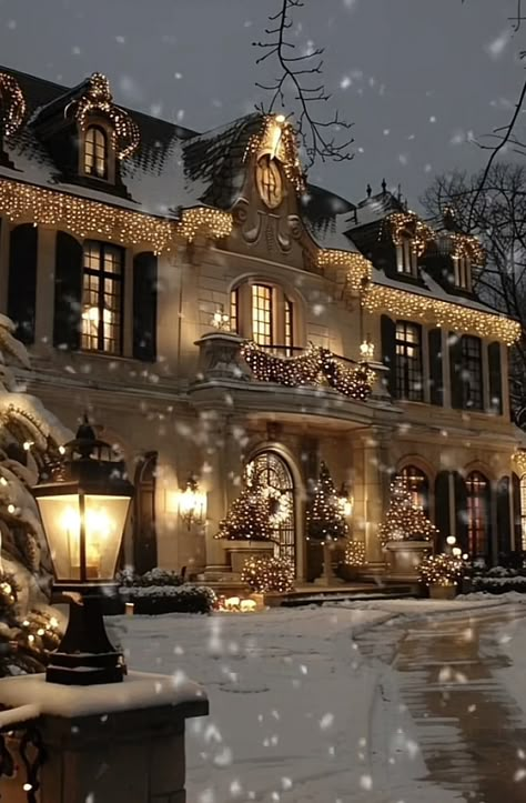 Christmas House Aesthetic, Mansion Christmas Decor, Mansion Christmas, Outdoor Christmas Decoration Ideas, Outdoor Decoration Ideas, Tree Decoration Ideas, Lights For Christmas, Christmas Dreaming, Dream Life House