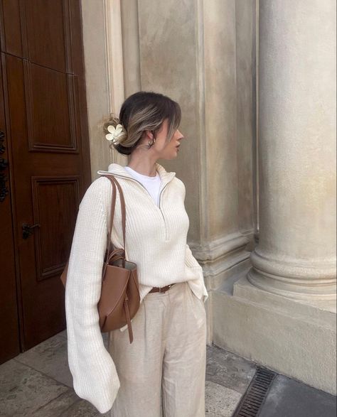 ✨Cream ribbed pullover sweater beige trousers autumn outfits. Casual cozy every day outfit ideas. Cream flower claw clip hairstyles. Brown leather handbags. Classy fall outfits @Ootdioana ✨ #taylajaybeauty #cream #pullover #sweater #ribbed #trousers #beige #casual #fall #taylajay #clawcliphairstyle #onthego #autumn Beige Pants Outfit Winter, Linen Pants Outfit Winter, Flower Claw Clip Hairstyles, Polene Cyme Mini, Cyme Mini, Cream Pants Outfit, Beige Pants Outfit, Ribbed Trousers, Beige Linen Pants