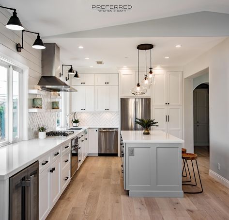 L- Shaped kitchen with white and light gray cabinets.  Floating shelves were installed for extra storage while keeping the space airy. Island Kitchen Ideas Modern, L Shaped Kitchen With Island Layout, Kitchen With Island Layout, Modern L Shaped Kitchens, L Shape Kitchen Design, L Shape Kitchen Layout, Small L Shaped Kitchens, Kitchen Layouts With Island, Kitchen View