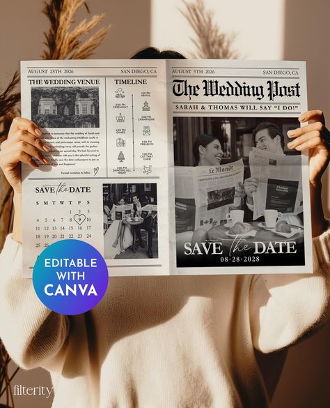 Save The Date Newspaper Template with Photo, The Wedding Post Newspaper, Wedding Program, Newlywed Times, Editable Newspaper Itinerary Wedding Newspaper Save The Date, Save The Date Ideas Newspaper, The Wedding Post Newspaper, Save The Date Newspaper Photoshoot, Save The Date Newspaper, Anniversary Newspaper, Thank You Card Examples, Newspaper Wedding Invitations, Sabe The Date