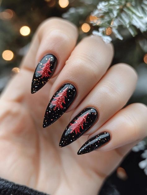 Black Christmas Nails: Bold and Sophisticated Holiday Nail Ideas Simple Black Christmas Nails, Xmas Black Nails, Black Red Christmas Nails, Red Black Christmas Nails, Dark Christmas Nails Short, Christmas Nails Fun, Black Red Silver Nails, Christmas Nails Black And Red, Alt Christmas Nails