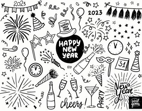 Happy New Year Clipart. Hand Drawn Minimalist Illustrations. - Etsy Latvia New Years Eve Drawing Ideas, New Year Drawing 2024, New Years Eve Drawing, New Year Doodle Art, New Years Doodles, Graduation Doodles, Happy New Year Drawing Ideas, New Years Drawing, Celebration Doodles