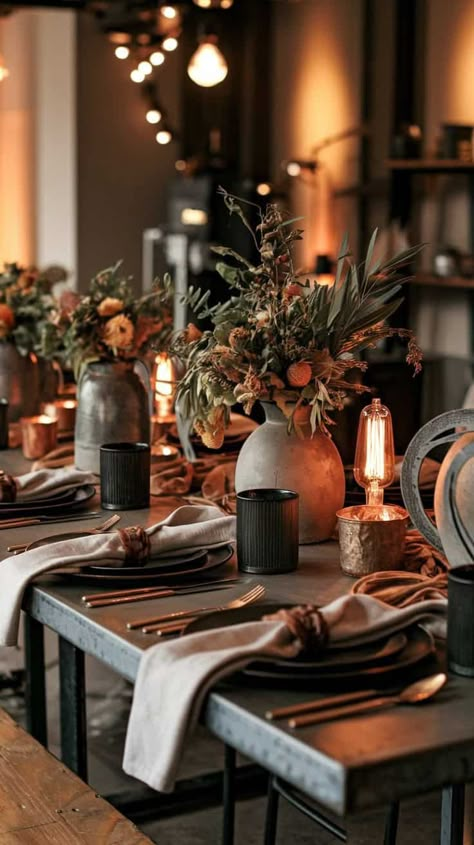 Get inspired with these 16 Friendsgiving table setting ideas to create a cozy and inviting atmosphere for your gathering. From rustic charm to modern elegance, find the perfect style for your celebration! Dinner Party For 4 Table Settings, Black And Rust Table Setting, Black Friendsgiving Aesthetic, Friendsgiving Table Scape, White Thanksgiving Tablescapes, New Year Centerpiece Ideas, Boho Friendsgiving, Dining Table Setting Ideas, Boho Table Settings