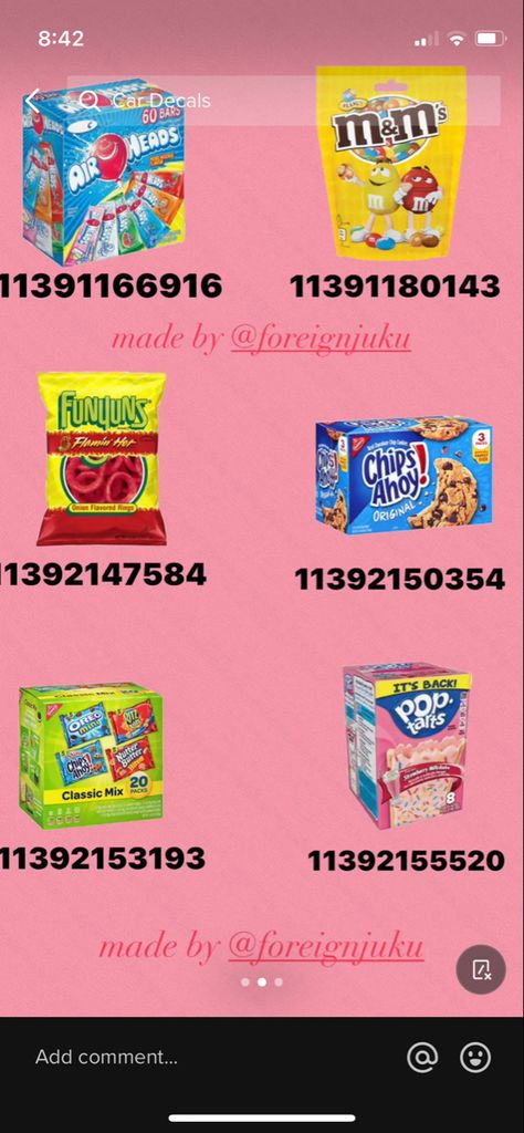 Snack Codes For Bloxburg, How To Make Food In Bloxburg, Roblox Laundry Room Decal Codes, Food Id Bloxburg, Pantry Inspo Bloxburg, Bloxburg Decal Codes Pantry, Blocksburg Pantry Ideas, Bloxburg School Decal Codes Kindergarten, Bloxburg Chips Decals Codes