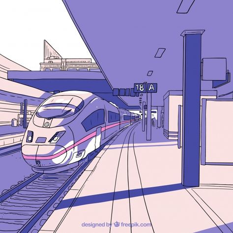 Hand-drawn high-speed train station Free Vector Subway Station Illustration, Subway Train Drawing, Anime Train Station, Anime Subway, Futuristic Train Station, Subway Background, Train Station Drawing, Station Anime, Aesthetic Train Station