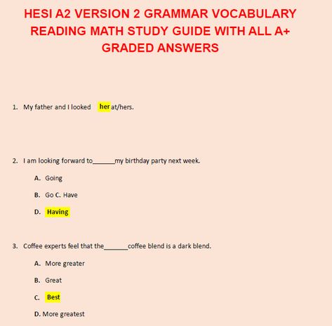 HESI A2 VERSION 2 GRAMMAR VOCABULARY READING MATH STUDY GUIDE WITH ALL A+ GRADED ANSWERS Hesi A2, Math Study Guide, Grammar Vocabulary, Studying Math, Grammar And Vocabulary, Blended Coffee, Free Website, Study Guide, Selling Online