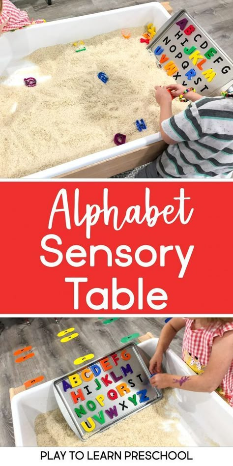 Sensory Tables, Learn Letters, Diy Montessori, Preschool Centers, Toddler Sensory, Alphabet Matching, Preschool Literacy, Sensory Table, Daycare Crafts