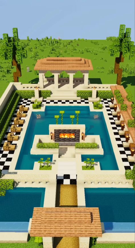 Minecraft House With Pool, Minecraft Indoor Pool Ideas, Minecraft Holiday Resort, Minecraft Public Pool, Pool Ideas Minecraft, Minecraft Pool Ideas Design, Minecraft Sauna, Minecraft Backyard Ideas, Minecraft Pool Ideas