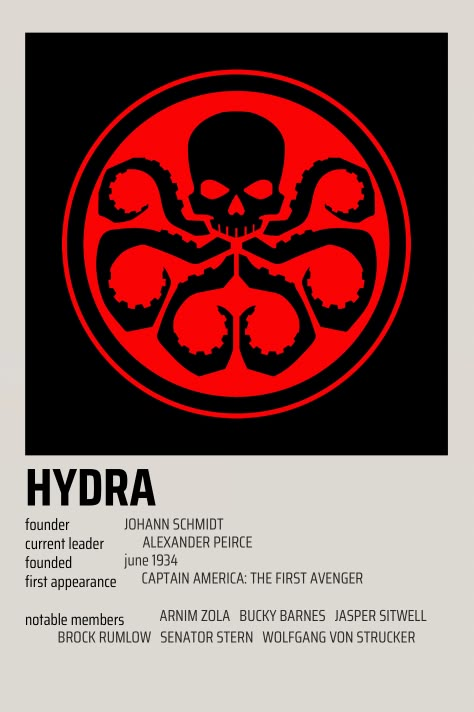 Hydra Aesthetic Marvel, Marvel Hydra, Marvel Names, Hydra Marvel, Captain America Poster, Avengers Movie Posters, Hail Hydra, Film Polaroid, Dr Marvel