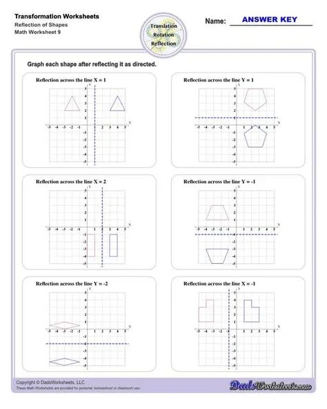 These transformation math worksheets practice rotation, reflection and translation transformations of geometric shapes on a coordinate plane. These worksheets are perfect practice exercises for 5th, 6th and 7th grade geometry students. Transformation Reflection Of Shapes V1 Transformation Math, Math Transformations, Transformation Geometry, Transformations Math, Geometric Transformations, Math Facts Addition, Free Printable Math Worksheets, Coordinate Plane, Printable Math Worksheets