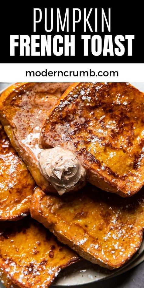 This pumpkin french toast is the perfect breakfast recipe to make this fall season. Thick and fluffy brioche bread soaked in a yummy pumpkin spice batter. Top your french toast with some homemade cinnamon honey butter, maple syrup and a sprinkle of powdered sugar. Pumpkin Spice French Toast Recipe, Pumpkin Spice Brioche, Honey French Toast, French Toast Brioche Bread, Pumpkin Brioche French Toast, Pumpkin Spice French Toast, Pumpkin Spice Bread, Pumpkin Pancake Recipe, Cinnamon Honey Butter