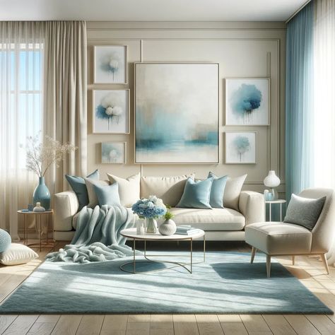 sky blue and beige living room Wall Color Room, Blue And Beige Living Room, Purple Accent Chair, Den Decor, Beige Living Room, Beige Room, Color Room, Classical Interior, Beige Living Rooms