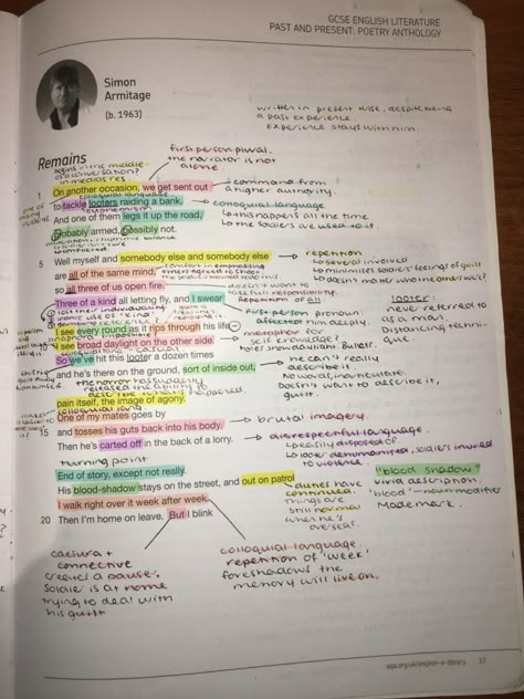 My annotations for the GCSE English Literature AQA Power and Conflict poems - Remains. [page 1] Macbeth Annotations Act 1, Remains Poem Annotations, Revision Notes English Literature, Remains Poem Analysis Gcse, Gcse English Literature Poetry Power And Conflict, Remains Annotations, Gcse English Literature Poetry, Remains Analysis, Gcse Annotation