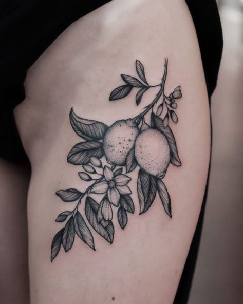 Realism Fruit Tattoo, Lemon Tree Tattoo Black And White, Yuzu Tattoo, Lemon Blossom Tattoo, Orange Blossom Tattoo Black And White, Lemon Tattoo Design, Lemon Tattoo Black And White, Lemon Branch Tattoo, Lemon Tree Tattoo