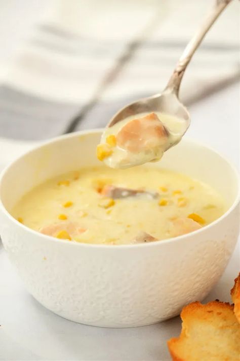 Corn Salmon Chowder Recipe is a creamy chowder soup made with salmon, fresh or frozen corn, potatoes, and shallots. Serve with toasted bread! Salmon Corn Chowder Recipe, Salmon Chowder Soup, Salmon And Corn Chowder, Creamy Chowder Soup, Salmon Chowder Recipe Easy, Salmon Corn Chowder, Salmon Chowder Recipe, Salmon Soup, Bean And Bacon Soup