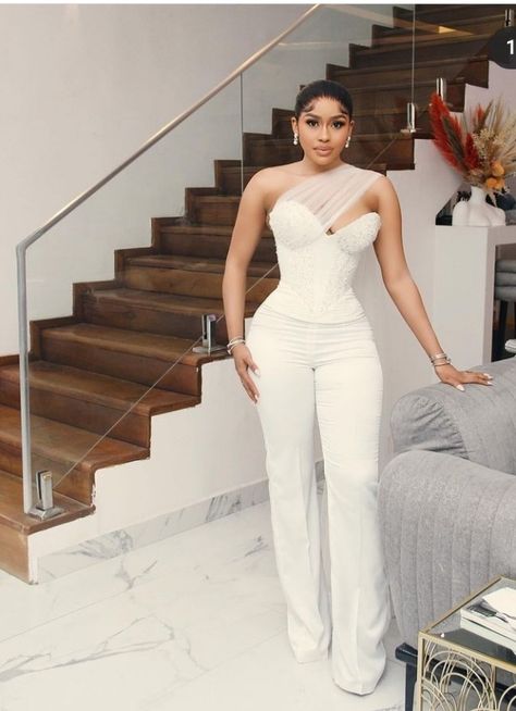 Dope Fashion Outfits, All White Party Outfits, Aso Ebi Dresses, Black And White Jumpsuit, Extravagant Wedding Dresses, Courthouse Wedding Dress, Wedding Dress Suit, Nigerian Lace Styles Dress, Civil Wedding Dresses