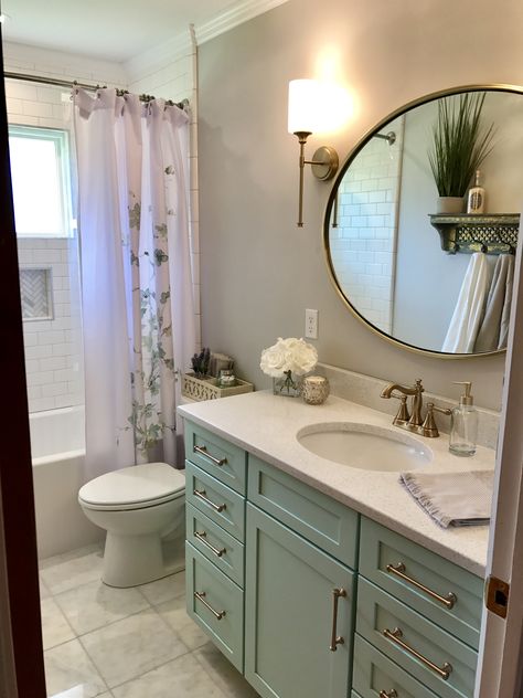 Bathroom remodel- sea foam green vanity and gold fixtures Vegan Drawing, Seafoam Bathroom, Seafoam Green Bathroom, Update Bathroom, Green Bathrooms, Butterfly Bathroom, Green Bathroom Vanity, Moody Bathroom, Bathroom Inspiration Colors