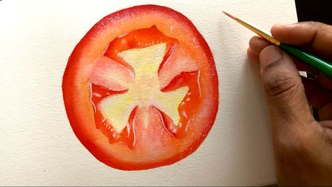 Detailed step by step watercolor tutorial how to paint realistic tomato slice with watercolors. Detailed tutorial for watercolor beginners Watercolor Tutorial For Beginners, Watercolor Tomatoes, Watercolour Food, Tomato Slice, Paint Realistic, Drink Illustration, Realistic Watercolor, Step By Step Watercolor, Watercolor Beginner