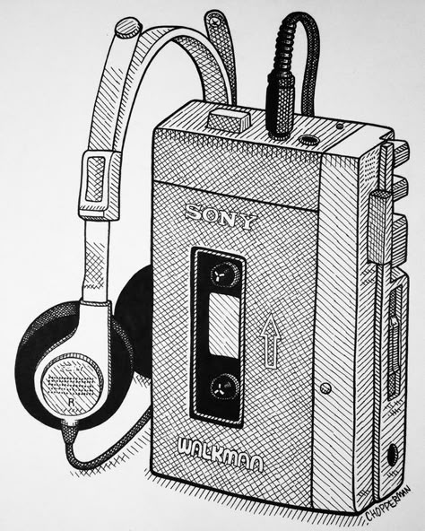 Walkman Drawing Simple, Cassette Tape Sketch, Phone Art Drawing, Listening To Music Sketch, Walkman Tattoo, Boom Box Drawing, Walkman Drawing, Walkman Illustration, Walkman 90s