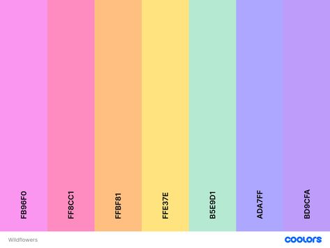 Wedding Color Palette - Wildflowers - Pastel Rainbow - Mack Wedding Color Theme Neon Color Palette Bright Colours, Pastel Colour Combinations, Neon Colour Palette, Yellow Palette, Turquoise Color Palette, Website Color Palette, Pantone Colour Palettes, Teal Green Color, Pastel Color Schemes